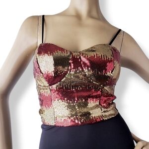 Codigo Gold & Red Sequin Chevron Bustier Crop Top Size Small